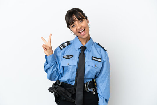 Young Police Mixed Race Woman Isolated Background Smiling And Showing Victory Sign