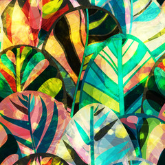 Blue, green. orange, pink seamless texture with autumn forest effect. Vector background for web page, banners backdrop, fabric, home decor, wrapping