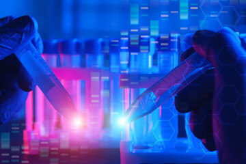 genetic engineering, biochemistry scientific laboratory research, editing gene, manipulation of DNA in dark neon background