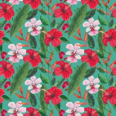 Fotobehang Tropical seamless pattern with red hibiscus flowers, orchids and leaves. Watercolor illustration. © Yuliya