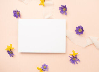Beautiful purple blue and yellow flower blank stationery card flat lay