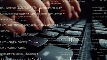 Creative visual of computer programming coding and software development shown by man working on computer keyboard with overlay of computer graphic displaying abstract program codes and computer script - obrazy, fototapety, plakaty