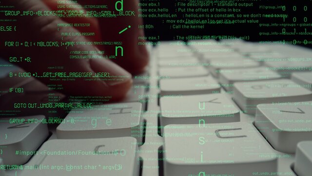 Creative visual of computer programming coding and software development shown by man working on computer keyboard with overlay of computer graphic displaying abstract program codes and computer script
