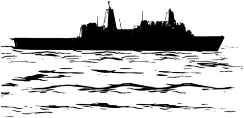 Obraz premium Military ship in the sea silhouette in black on white background 