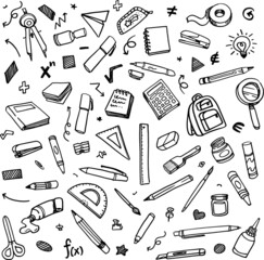 Doodle School Supplies icon set pattern background