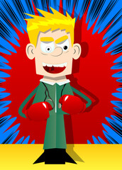 Funny cartoon doctor holding his fists in front of him ready to fight wearing boxing gloves. Vector illustration.