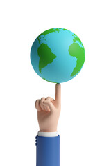 Cartoon hand holding on one finger the planet earth isolated in white background. 3d illustration.