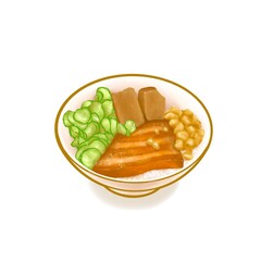 Braised pork rice, a digital painting of Taiwanese traditional braised pork and rice bowl with sliced cucumber, bean curd food raster 3D illustration isolated on white background.
