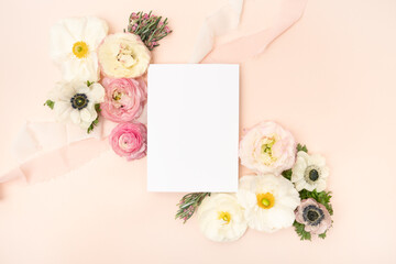 Beautiful bridal blank stationery card floral flat lay