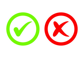 CHECK MARK - CHECKMARK OK AND RED X. YES AND NO BUTTON FOR VOTE IN CIRCLE. GREEN AND RED CROSS & CHECK MARK ICONS. VECTOR