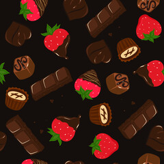 Seamless pattern with chocolate and strawberries. Vector graphics.