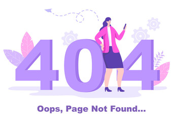 404 Error And Page Not Found Vector Illustration. Lost Connect Problem, Warning Sign, Or Site Breakdown. Landing Page Template