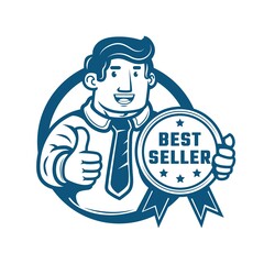Business man making thumb up holding Best Seller Gold Medal sign. vector logo illustration 