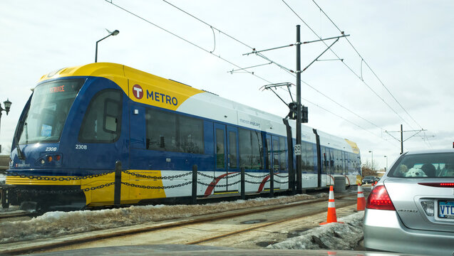Green Line - St Paul to Minneapolis trial test train. The first run officially starts June 14 2014. St Paul Minnesota MN USA
