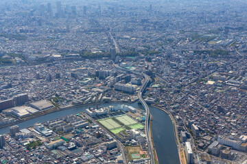 東京都足立区宮城上空から王子駅や池袋方向を空撮