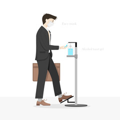 Working men using sanitizer dispenser with foot operated to avoid touching with hand for prevent infection of Covid-19 . Vector illustration