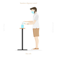 Man wearing a face mask and cleaning a hand with disinfectant to prevent infection of Covid-19 virus. Vector illustration