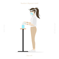 Fototapeta premium Young women wearing a mask and a face shield and cleaning a hand with disinfectant to prevent infection of Covid-19 virus. Vector illustration 