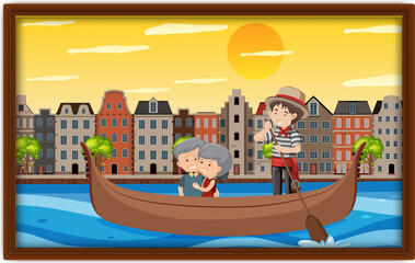A picture of old couple on gondola boat at Venice - obrazy, fototapety, plakaty