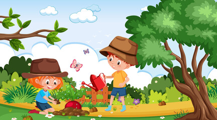 Scene with two kids planting radish in the garden