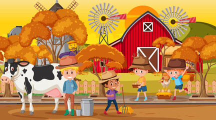 Farm scene with many kids cartoon character and farm animals