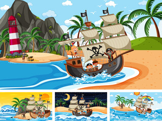 Set of different beach scenes with pirate ship and pirate cartoon character © brgfx