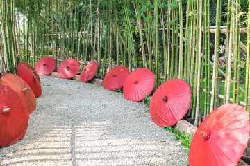 Red oil paper umbrellas decorative in entrance to flower garden on green bamboo tree background