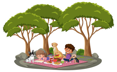 Fototapeta na wymiar Children doing picnic in the park with many trees