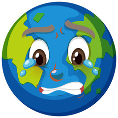 Earth cartoon character with crying face expression on white background