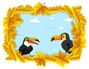 Obraz na płótnie Canvas Yellow leaves banner template with toucan cartoon character