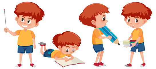 Set of a boy cartoon character doing different activities