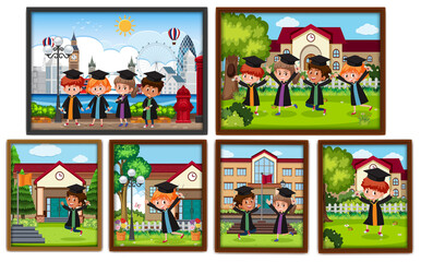 Kids graduation photo frames hanging on the wall