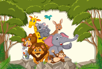 Obraz na płótnie Canvas Wild animals group in the forest scene