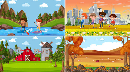 Set of different nature scenes background with many people
