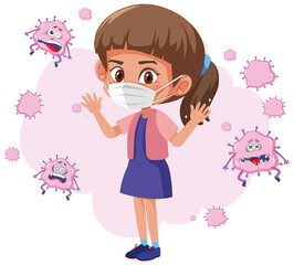 A girl wearing mask with virus fly around isolated