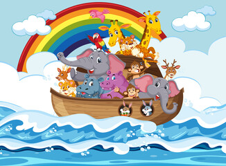 Naklejka premium Animals on Noah's ark floating in the ocean scene
