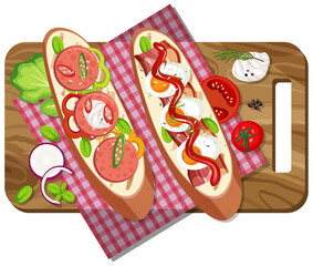 Top view of breakfast set on a cutting board isolated