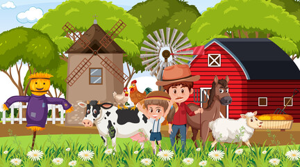 Obraz na płótnie Canvas Farm scene with many kids cartoon character and farm animals