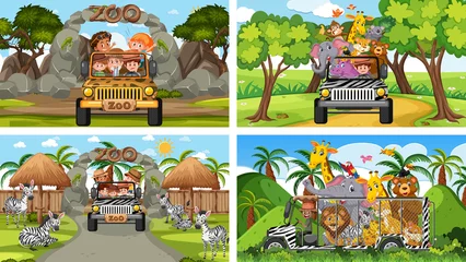 Gartenposter Four different zoo scenes with kids and animals © brgfx