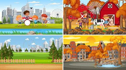 Set of different nature scenes cartoon style