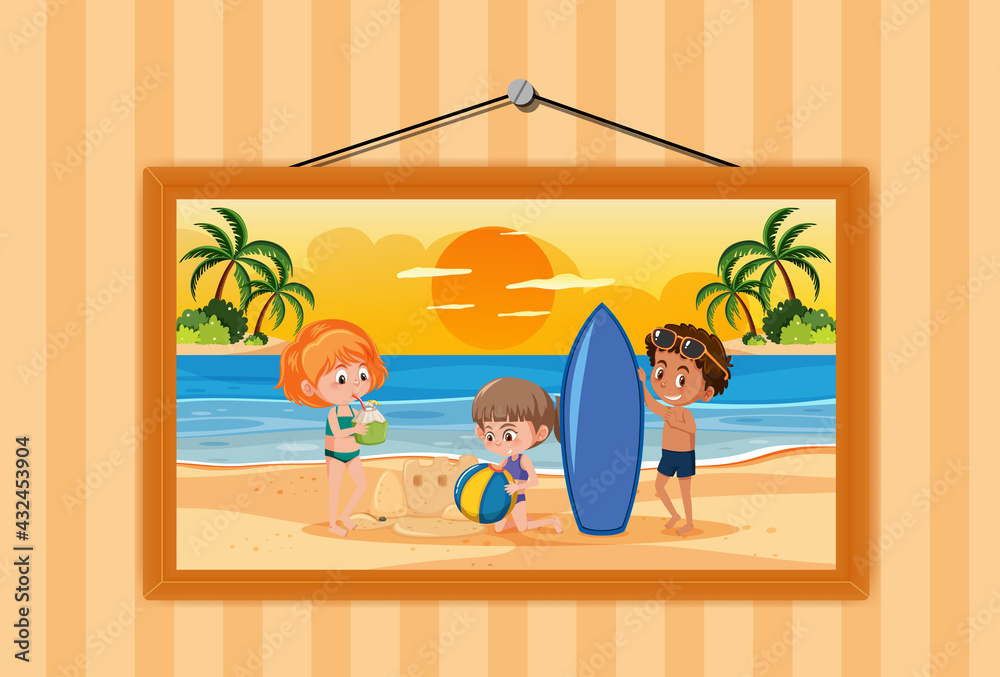 Wall mural Kids on summer vacation scene photo in a frame hanging on the wall