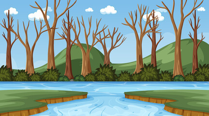 Background scene with many dry trees and river