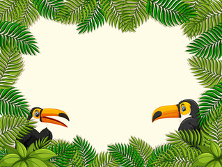 Empty banner with tropical leaves frame and toucan cartoon character