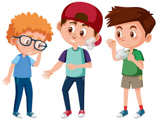 A boy with disappointed face because two boys want him to smoke