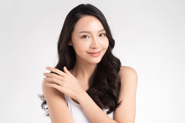 Beautiful young asian woman with clean fresh skin on white background, Face care, Facial treatment, Cosmetology, beauty and spa, Asian women portrait