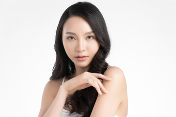 Naklejka premium Beautiful young asian woman with clean fresh skin on white background, Face care, Facial treatment, Cosmetology, beauty and spa, Asian women portrait