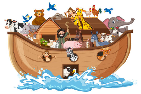 Animals on Noah's ark with sea wave isolated on white background