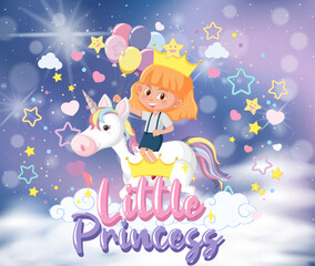 Little girl riding pegasus with little princess font in the pastel sky