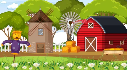 Fototapeten Empty farm scene with red barn and windmill © brgfx