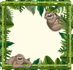 Empty tropical leaves frame banner with sloth cartoon character